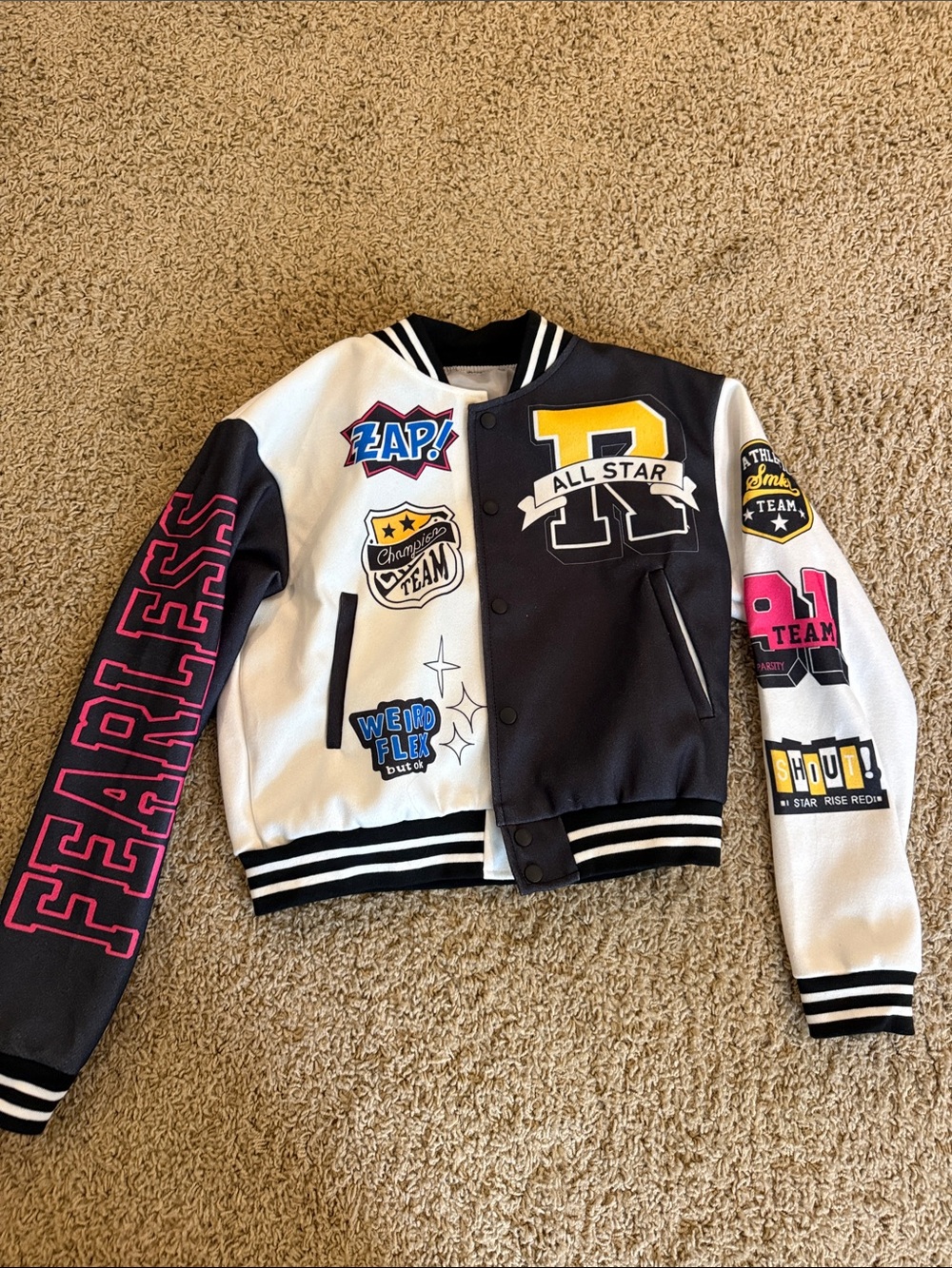 Women’s Black, White & Pink Patchwork Varsity Bomber Jacket